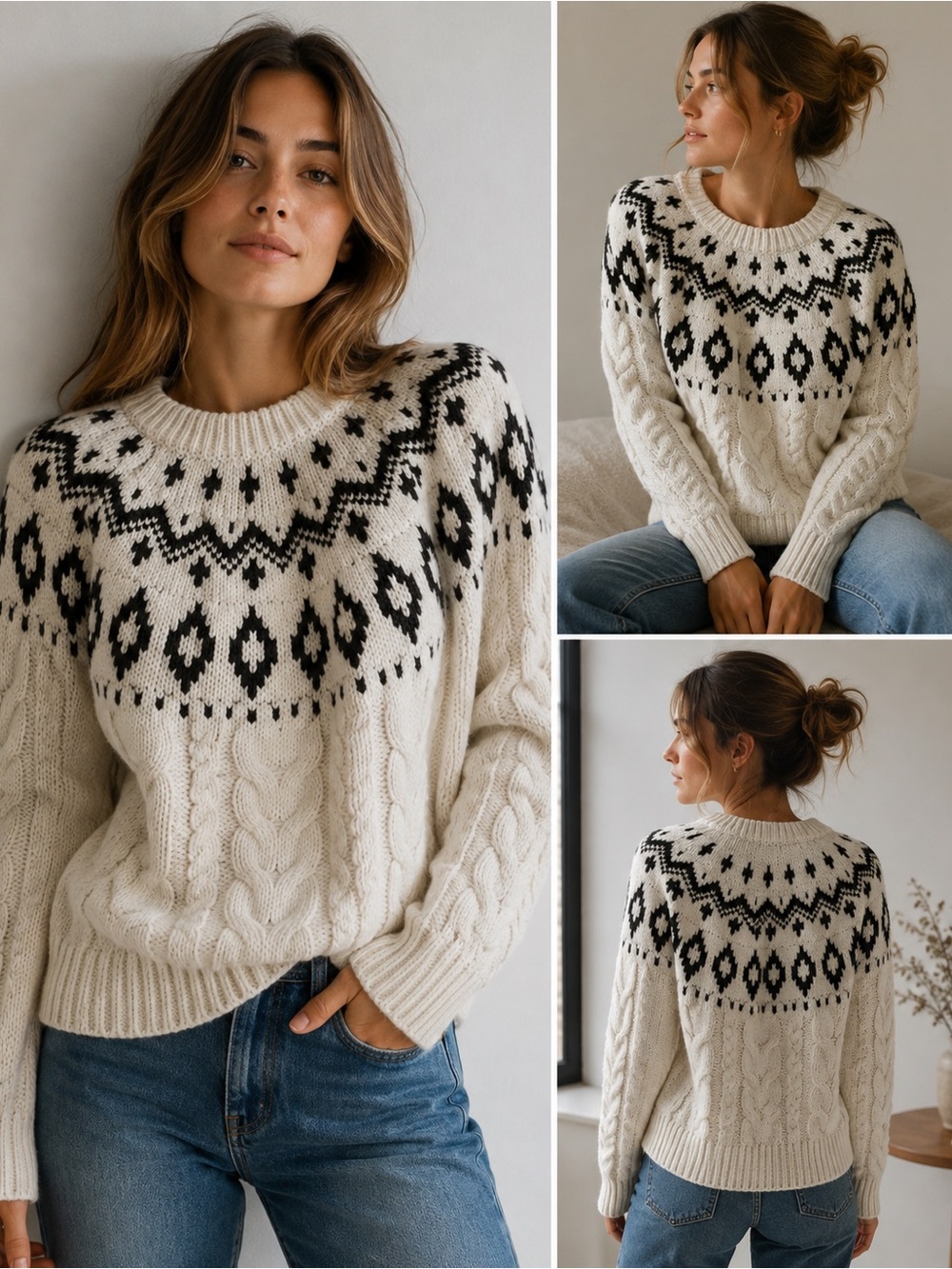 Magaschoni Cream Cable-Knit Sweater with Black Nordic Yoke